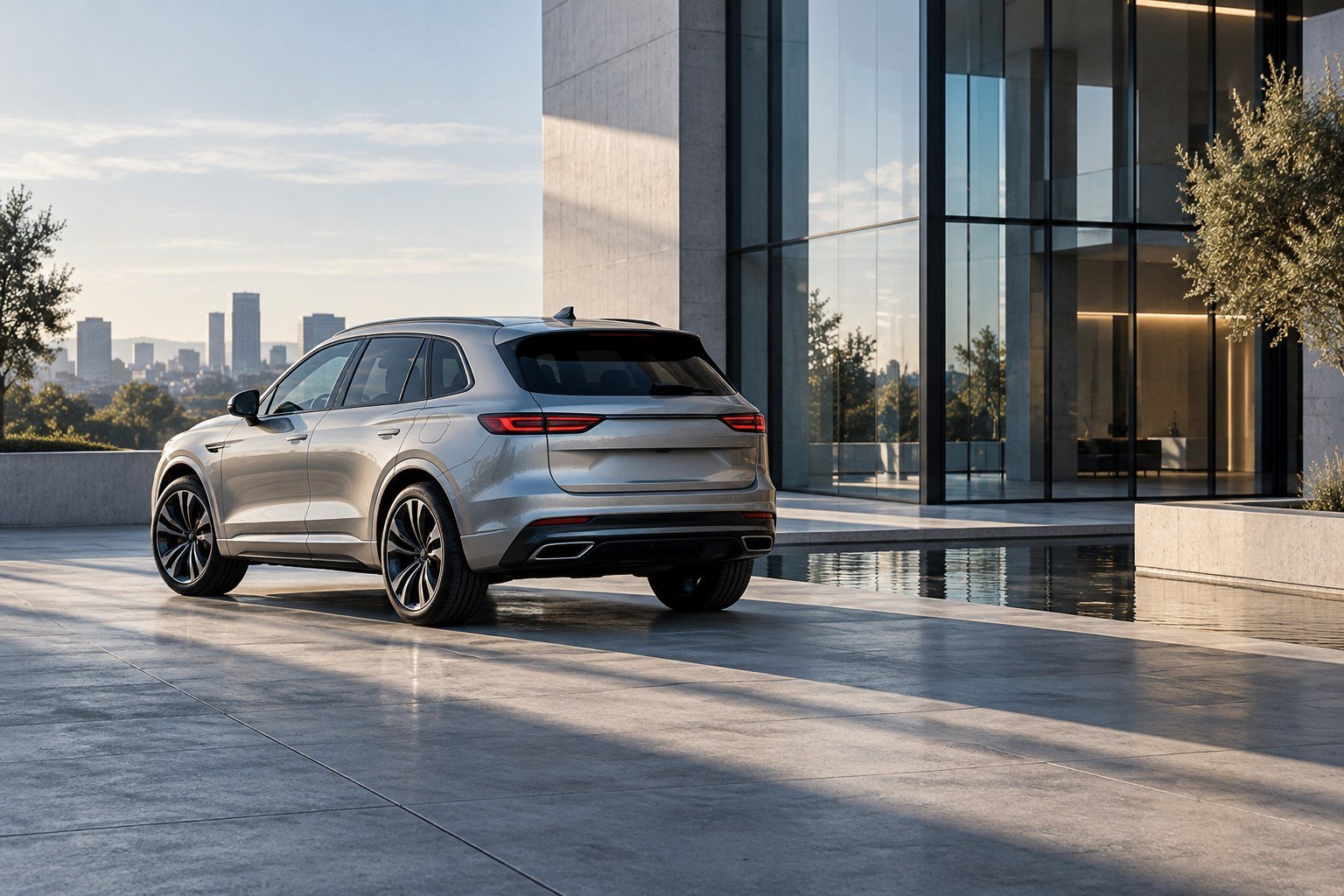 Srebrny SUV na betonowym dziedzińcu przed przeszklonym budynkiem